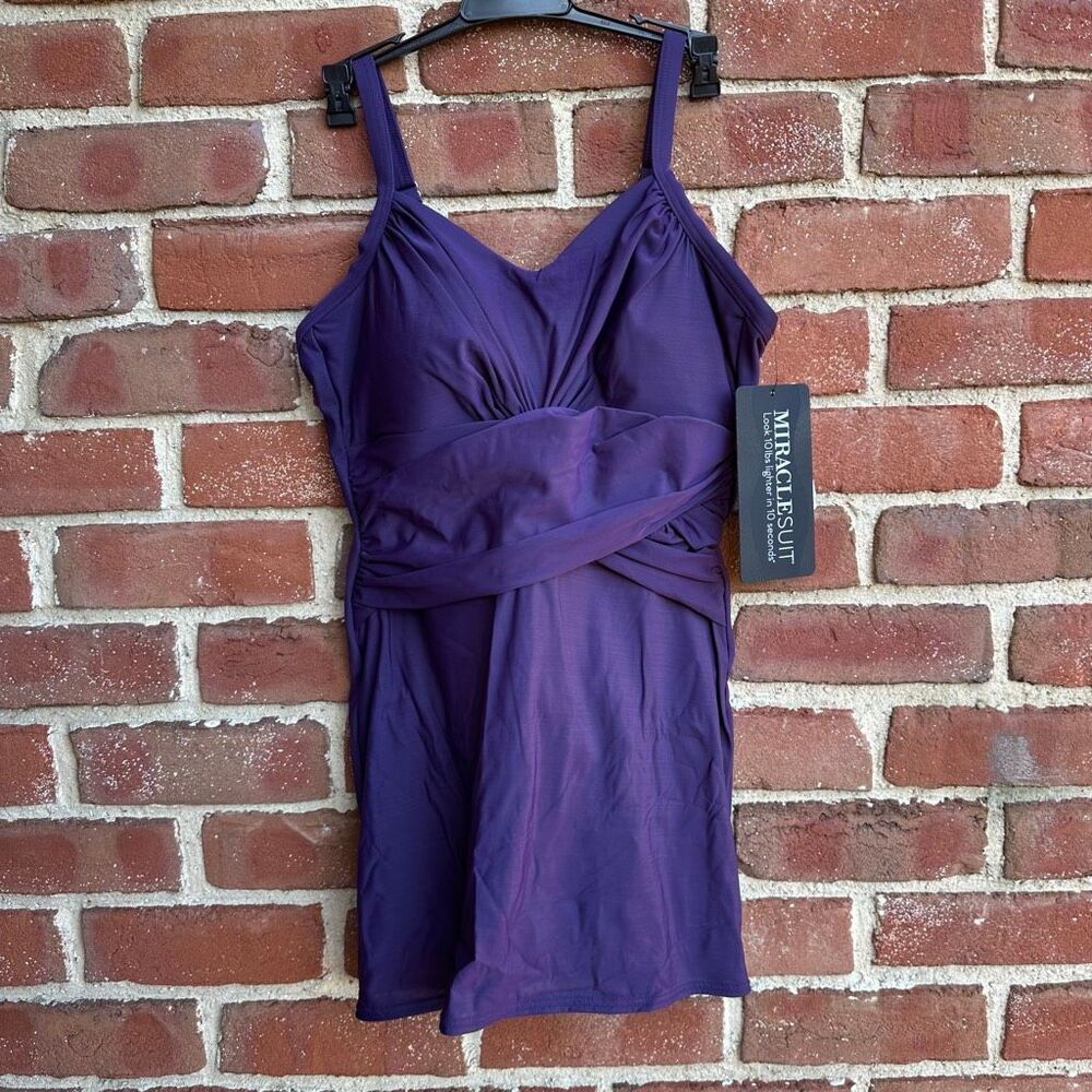 Miraclesuit $210 Purple Ruched Swim Dress Size 16W NEW